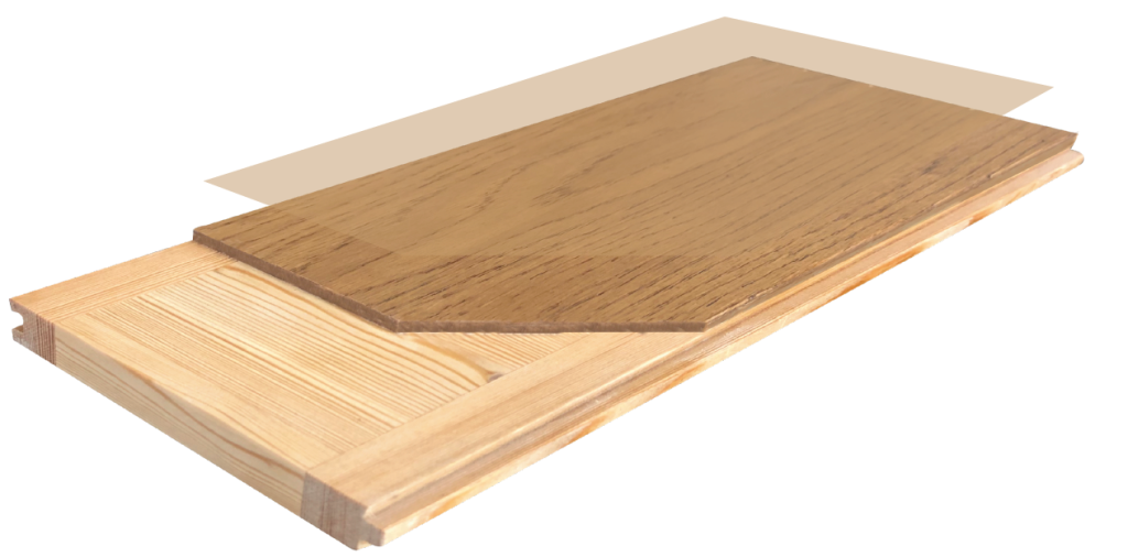 Exploded diagram of an engineered hardwood plank showing the hardwood veneer top layer separated above the plywood core beneath it, illustrating the plank's two-ply construction
